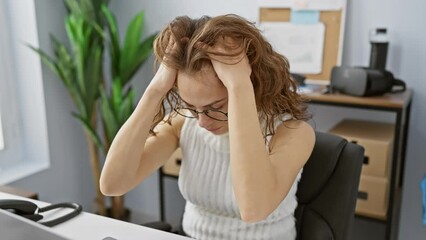 Canvas Print - Beautiful young woman stressed at work, hand on head, suffering from migraine pain in the office