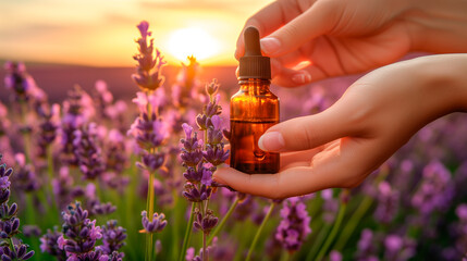 Wall Mural - Woman holding bottle with natural essential oil in a lavender field. 