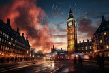Fototapeta Londyn - minimalistic design Fireworks and the Big Ben, New Year's Eve. Flashing lights, night, beautiful colors