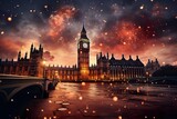 Fototapeta Fototapeta Londyn - minimalistic design Fireworks and the Big Ben, New Year's Eve. Flashing lights, night, beautiful colors