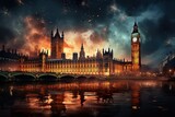 Fototapeta Londyn - minimalistic design Fireworks and the Big Ben, New Year's Eve. Flashing lights, night, beautiful colors