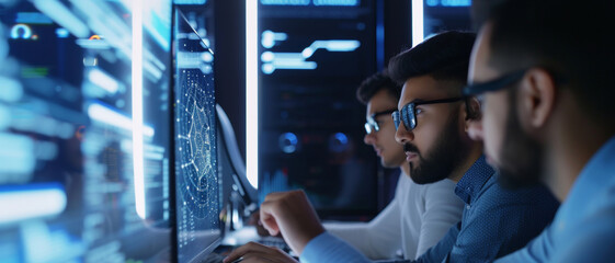 Wall Mural - the focused intensity of a team working on network security, their expertise illuminating the digita
