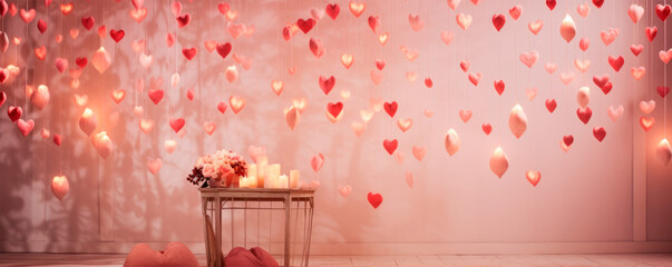 A romantic setting for Valentine's Day with a background decorated with candles and hearts. Creates an inspiring impression and is associated with moments of romance and important holidays. Valentine