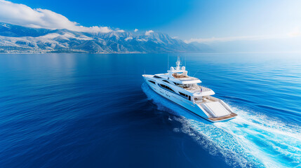 Wall Mural - Luxurious sailing yacht in the blue sea against the backdrop of mountains