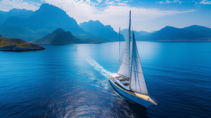 Wall Mural - Luxurious sailing yacht in the blue sea against the backdrop of mountains