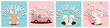 Set of 4 square greeting cards or posters for Happy Easter day with bunny, Easter egg, pickup truck and text. Trendy vector illustrations in retro, groovy style for t-shirt print, cover, social media 