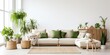 © Lasvu - Modern Scandinavian home interior design with a chic living room featuring a comfortable sofa, mid-century furniture, cozy carpet, wooden floors, white walls, and green home plants.