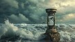 an hourglass standing atop a broken stone, positioned against the backdrop of a breathtaking seascape, highlighting the passage of time amidst the rugged beauty of nature.