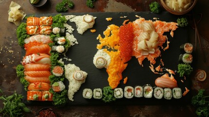 Wall Mural - World map made of sushi. All continents of the sushi world