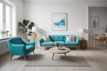 Wall Mural - Interior design of living room with turquoise armchair and wooden coffee table. White wall with copy space
