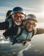 A senior or elderly couple tandem skydiving 