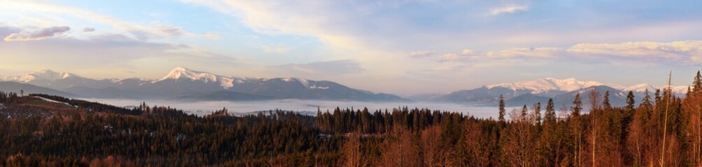Wall Mural - spring dusk carpathian mountains landscape with snow-covered ridges in far, ukraine. from left to ri
