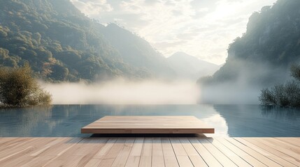 Wall Mural - A minimalistic wooden stage harmonizing with a serene riverside scene