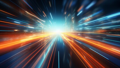 Glowing orange blue lines and bokeh lights, speed and futuristic digital technology concept