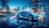 futuristic car combined with virtual space on modern buildings