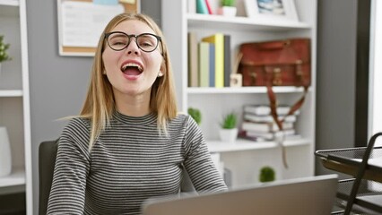 Sticker - A young woman with glasses works on a laptop in an office, showing concentration and expressing joy in different frames.