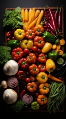 collection of fresh vegetables on a black background. optimized for resolution 16:9 -hd. AI generated