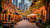 Fototapeta  - A bustling outdoor dining scene at twilight with string lights, cozy ambiance, and people enjoying an evening out in the city.