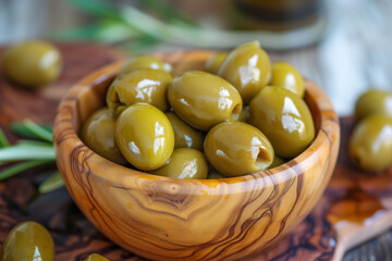 Wall Mural - Green olives in wooden bowl