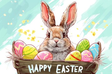 Wall Mural - Happy Easter watercolor rabbits with colorful eggs in a basket Generative AI