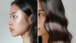 © Татьяна Креминская - Before and after transformation of Asian hair, showing natural texture vs. smooth, shiny styled hair in close-up.