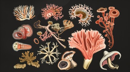 Wall Mural - A bunch of different types of corals on a black background. Imitation of vintage zoology book illustrations.