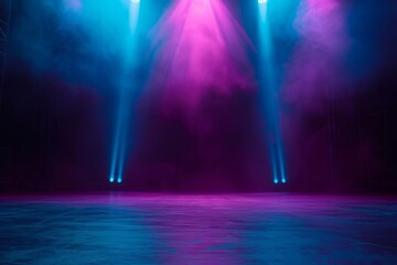 Dark stage atmosphere Empty scene with blue Purple And pink neon lights Dramatic and moody