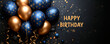 Happy birthday greeting card with golden and blue balloons and stars on black background.