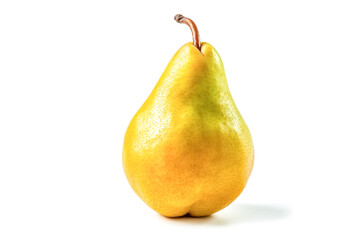 Wall Mural - a ripe pear adorned with glistening water droplets on a pristine white background.