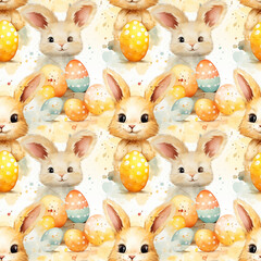 Wall Mural - cute watercolor bunny with easter eggs on yellow background. seamless pattern. tile