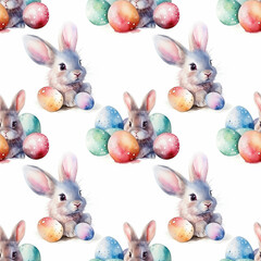 Wall Mural - cute watercolor bunny with easter eggs on yellow background. seamless pattern. tile