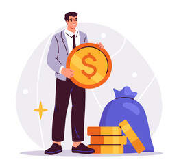 Business person scene concept. Man with golden coins stand near blue bag. Financial literacy and passive income. Poster or banner. Cartoon flat vector illustration isolated on white background