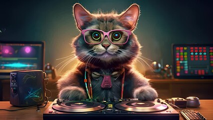 Wall Mural - cute cat dj fashionable portrait. created with generative ai.