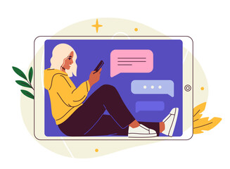 Wall Mural - person with smartphone doodle. woman sitting with mobile phone. young girl chatting in social networ