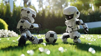Wall Mural - Robot and soccer ball on green grass