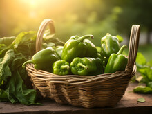 Green Bell Peppers In A Wooden Basket In Green Garden, Blurry Green Background With Sunlight