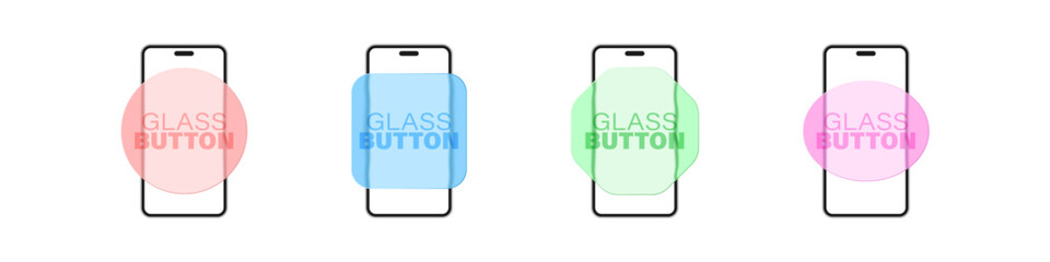 Glass blurred button on phone device illustration. Glassmorphism buttons different shapes and colors.