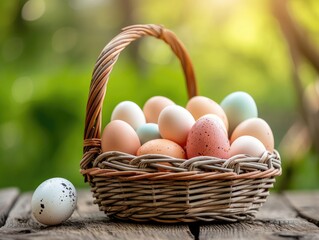 Wall Mural - Basket of colorful chicken eggs on a wooden table in the chicken farm