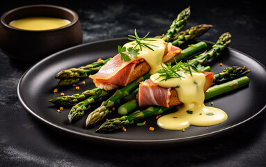 Wall Mural - green fried asparagus, bacon, and fried potatoes with mustard sauce on a white plate.