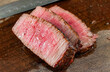 Japanese Wagyu Beef Meat Grilled Steak on wooden board. Homemade cooking Kobe beef steak for restaurant, menu, advert or package, close up, selective focus