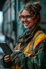 Canvas Print - A woman in a safety vest holding a tablet computer. Generative AI.