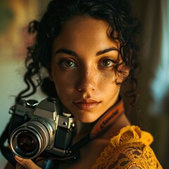 Poster - A woman with curly hair holding a camera. Generative AI.