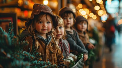 Poster - Three children in a store with a basket. Generative AI.