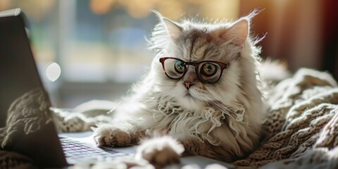 Sticker - A cat wearing glasses sitting on a bed with a laptop. Generative AI.