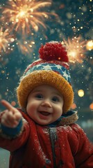 Sticker - A baby in a red coat and hat is smiling. Generative AI.