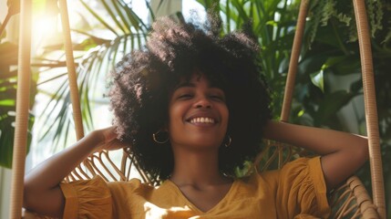 Canvas Print - A woman with afro hair sitting in a chair. Generative AI.