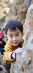 Canvas Print - A young boy climbing on a rock wall. Generative AI.