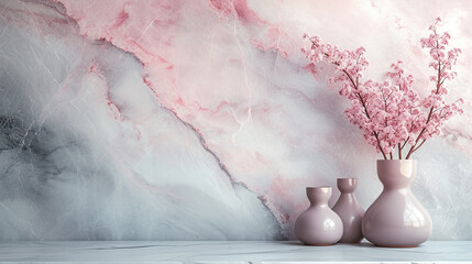 Wall Mural - A minimalistic and elegant abstract painting on a marble slab with pastel pink and light gray colors, resembling a cloudy sky. 