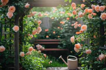 Sticker - garden with a trellis and roses, with a bench and a watering can