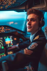 Wall Mural - Caucasian male airplane captain wearing uniform in cockpit.